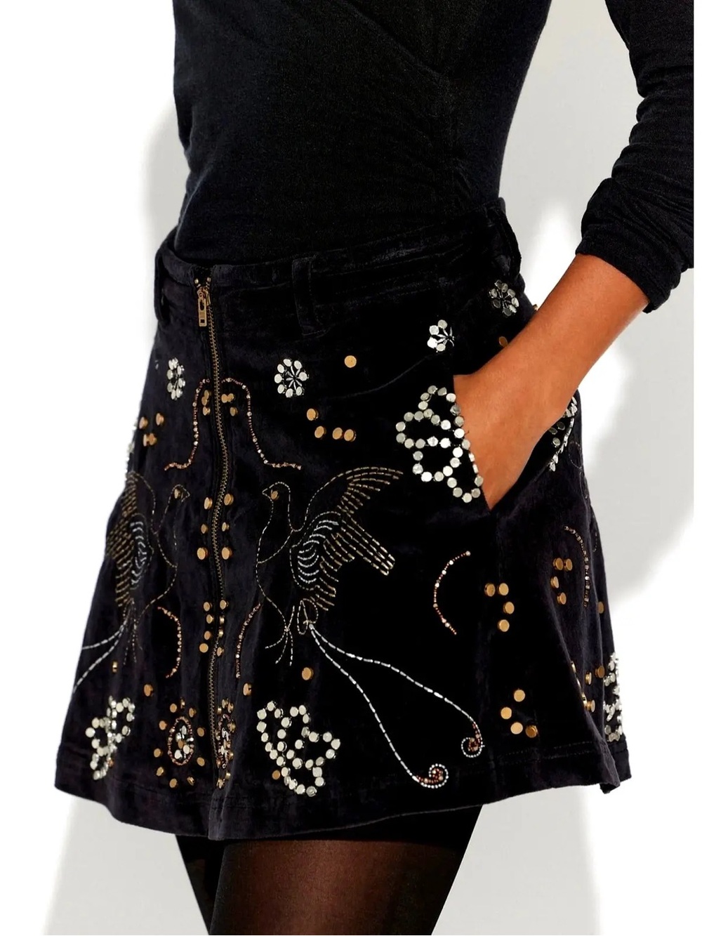 Free People Black Velvet Embellished Circle Skirt